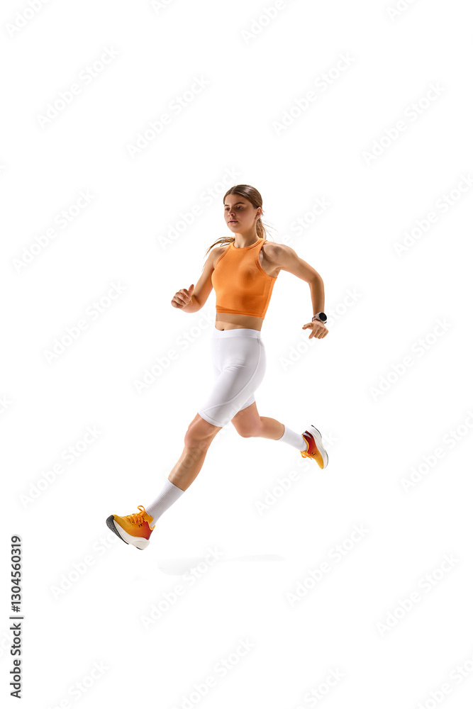 Young sportive woman in sportswear, dedicated athlete sprinting with full force against white studio background. Concept of athletics, sport, endurance, fitness, healthy lifestyle. Ad. Copy space Young sportive woman in sportswear, dedicated athlete sprinting with full force against white studio background. Concept of athletics, sport, endurance, fitness, healthy lifestyle. Ad. Copy space