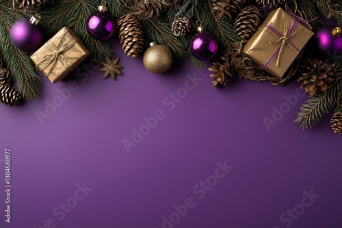 Christmas decorations, comprising golden and purple baubles, gift boxes, and star confetti, are strikingly displayed on a vibrant purple background, suitable for holiday and celebration themes