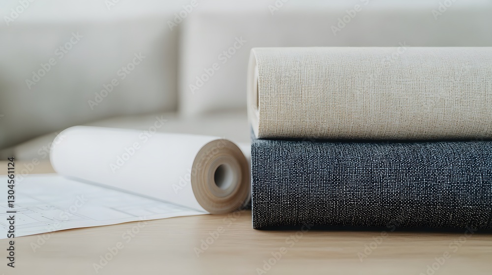 Obraz premium Fabric rolls displayed on table cozy home setting textile photography close-up view creative design concepts