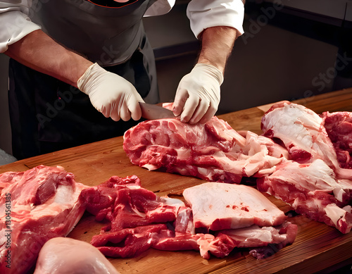 A meat cutter work on cutting meat on the table