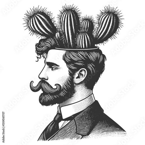 man with cacti growing from his head, symbolizing resilience, creativity, and surreal thinking sketch engraving generative ai fictional character vector illustration. Scratch board. Black and white.