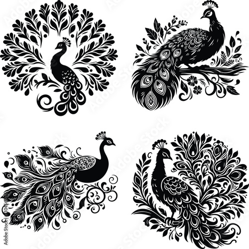 Black and white peacock silhouette illustration set with exquisite feather and floral motifs, perfect for artistic prints, tattoos, and home decor.