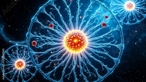 A glowing central sphere with bright, branching extensions, set against a dramatic cosmic backdrop with stars and nebulas. Themes of life, energy, and the universe.