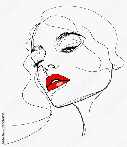 Clean lines: vector image of a female face with red lipstick and delicate eye makeup
