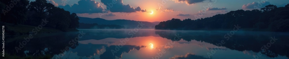 Fototapeta premium Reflection of half Moon in a quiet pond at dawn, astronomy, natural