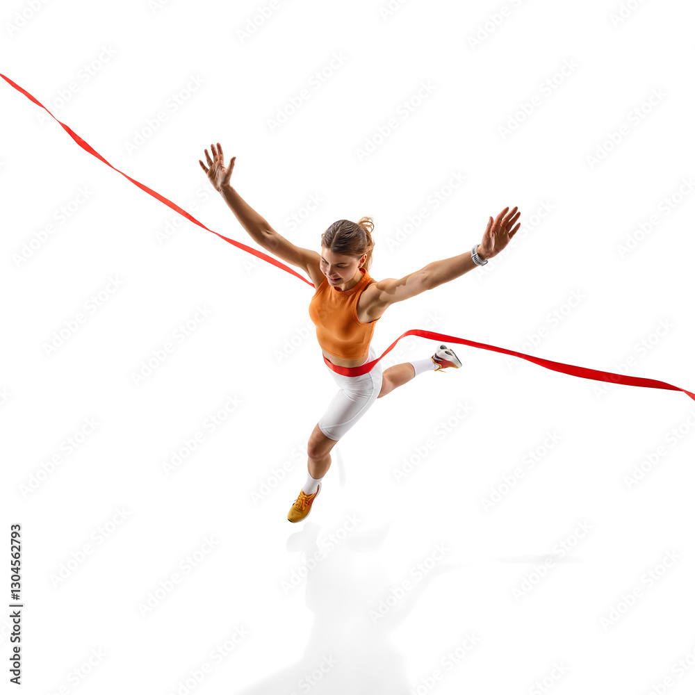 Fototapeta premium Powerful female runner mid-air crossing finish line with arms outstretched, energy radiating, symbolizing effort, discipline, ultimate victory against white background. Concept of sport, victory