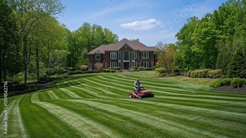 Landscaping Perfection: A Man Mows a Perfectly Striped Lawn in Front of a Luxurious House