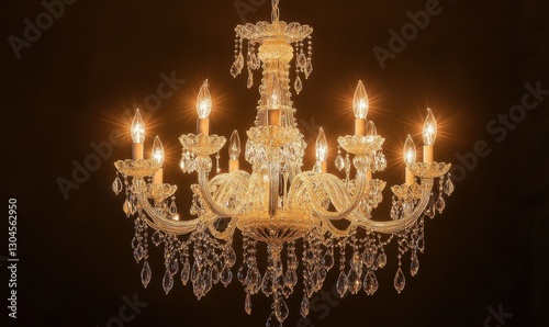 Elegant crystal chandelier glowing warmly in a dimly lit room, its intricate details illuminated to create a luxurious and timeless interior setting.