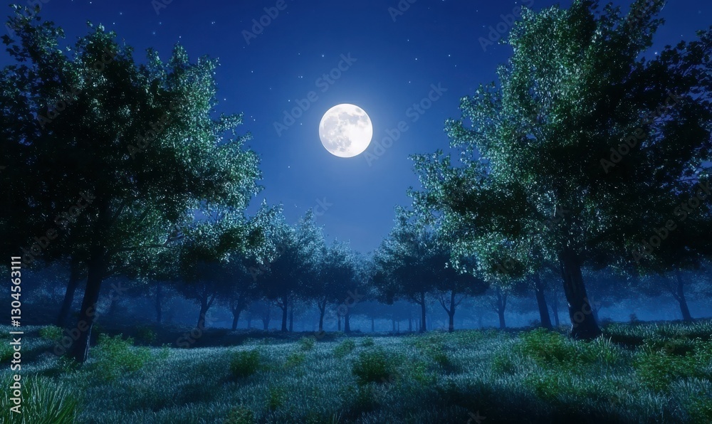 Naklejka premium Dramatic glowing moonlight illuminating a peaceful forest scene, with tall trees casting soft shadows on the ground