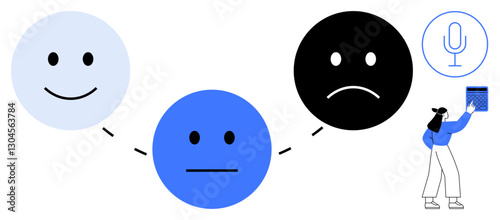 Happy, neutral, and sad faces connected in a sequence, user with microphone icon. Ideal for feedback, communication, mood tracking, customer service psychology technology user interface. Flat