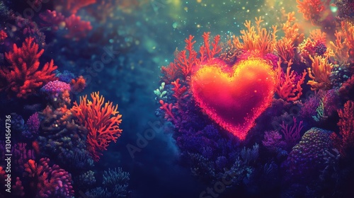A radiant illuminated heart shines amidst colorful underwater coral reefs