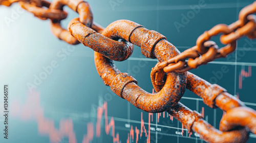 Rusty chain links symbolize debt trap cycle, representing financial struggles and economic challenges. background features graph indicating fluctuating financial trends