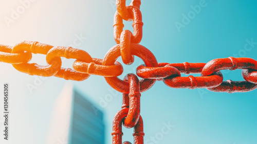 close up view of red metal chain against bright blue sky, symbolizing strength and connection. image captures essence of resilience and unity