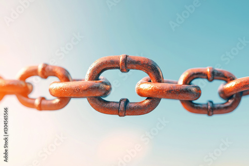 close up of rusty metal chain against blue sky, symbolizing strength and connection. image evokes feelings of resilience and durability in challenging situations