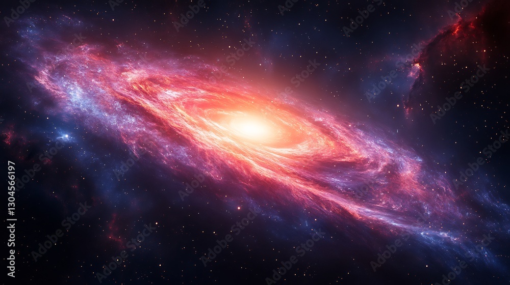Fototapeta premium Vibrant spiral galaxy glows intensely with warm red and cool blue hues creating a cosmic spectacle. AI Generated