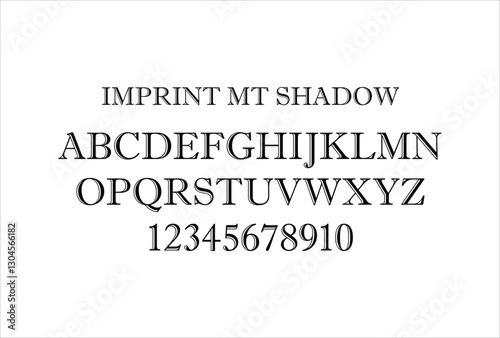Imprint MT Shadow font for logo and headline. Isolated vector typeset