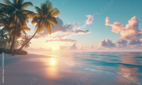 Picturesque view of tropical beach with palm trees swaying under golden sunset light, calm ocean waves glistening in the distanc