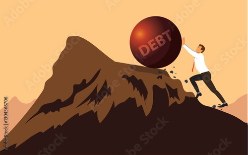 Tired businessman pushing a boulder uphill with the inscription debt The debt burdenand debt time . financial freedom. vector illustration