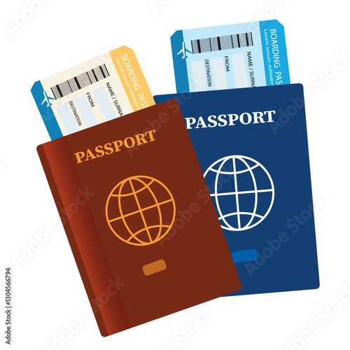 Creative  vector of  business travel and tourism concept: group of color biometric passports with air tickets or boarding pass isolated on white background