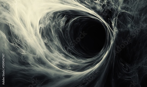 The abstract black and white vortex, featuring swirling lines, creates a depth illusion.