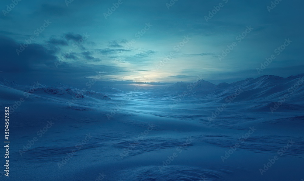 Obraz premium Scenic calm snowy landscape glowing softly under the cool blue tones of winter twilight creating a peaceful seasonal atmosphere
