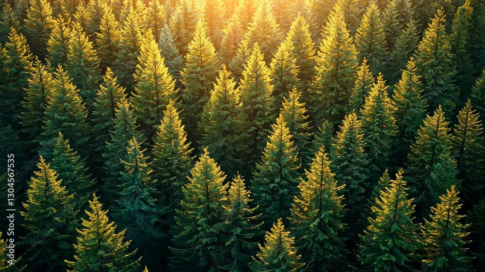 A dense evergreen forest bathed in golden sunlight creating a serene, vibrant scene. A dense evergreen forest bathed in golden sunlight creating a serene, vibrant scene.