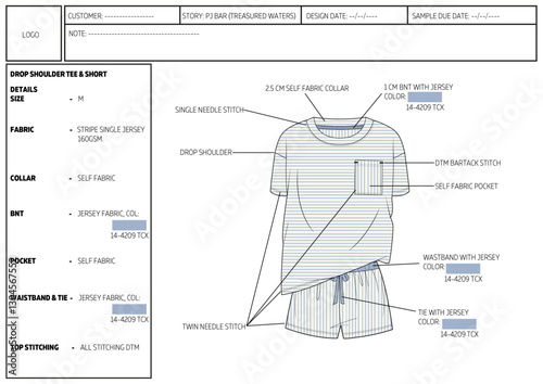 Drop shoulder with mock sleeve crew neck sleepwear t-shirt and shorts garments technical tech pack.