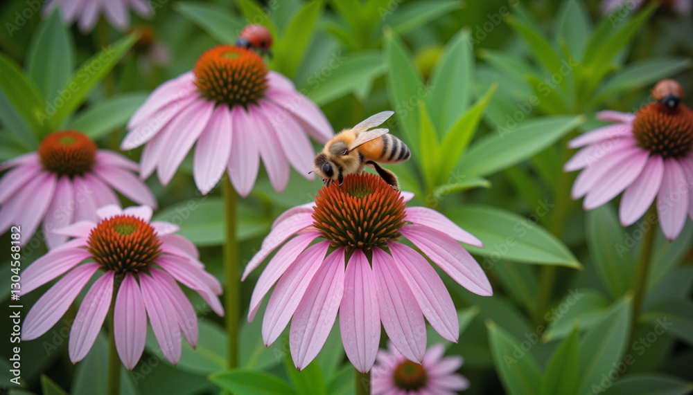 Honeybee collecting nectar from blooming purple coneflower in a vibrant garden, chaos gardening Honeybee collecting nectar from blooming purple coneflower in a vibrant garden, chaos gardening