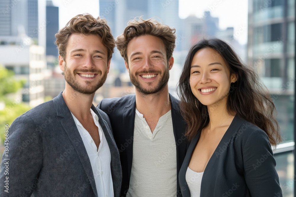 American man and an Asian woman, standing closely together and smiling with a modern cityscape in the background American man and an Asian woman, standing closely together and smiling with a modern cityscape in the background
