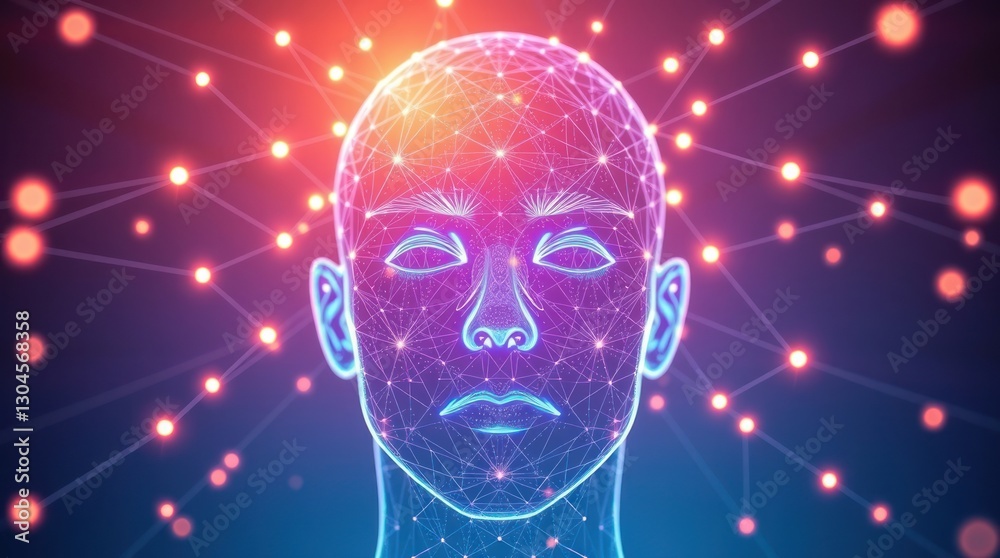 Digital Human Head with Glowing Connections Artificial Intelligence Concept