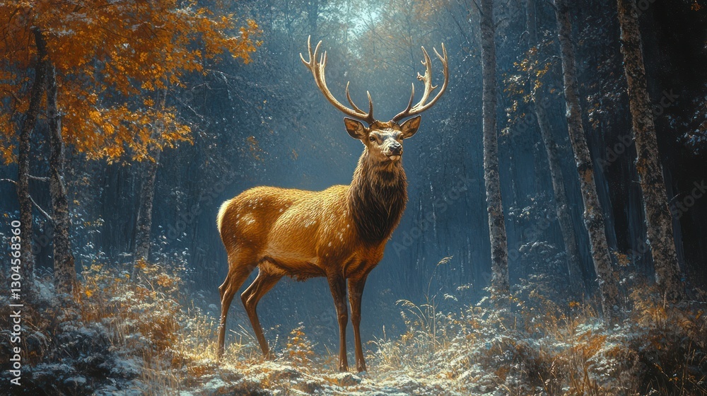 Fototapeta premium Majestic stag autumn forest snow light nature wildlife