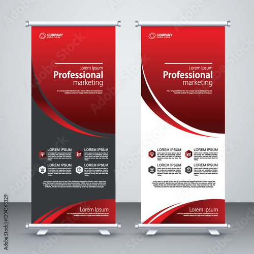 Roll up banner stand template design, red banner layout, advertisement, pull up, vector illustration, business flyer, x-banner, infographics, presentation