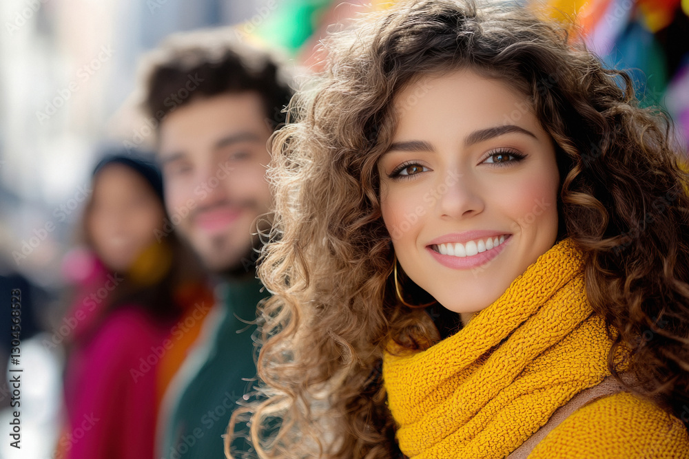 three friends of different ethnicities, one with curly hair and another with straight hair, exploring a busy marketplace three friends of different ethnicities, one with curly hair and another with straight hair, exploring a busy marketplace