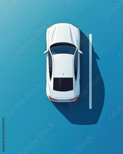Aerial View of a Sleek White Car Perfectly Parked in a Blue Parking Spot Casting a Long Shadow Modern and Minimalist Design