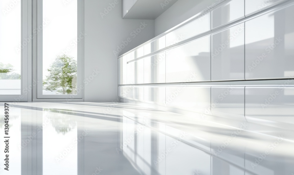 Close-up of a sleek white modern kitchen interior with glossy cabinets, bright natural light creating clean reflections, minimalist home decor, vibrant tones Close-up of a sleek white modern kitchen interior with glossy cabinets, bright natural light creating clean reflections, minimalist home decor, vibrant tones