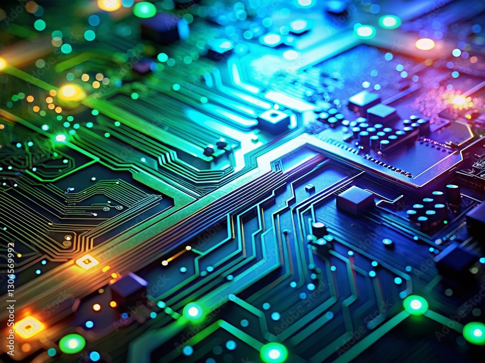 Fototapeta premium Glowing Circuit Board Technology Background: Abstract Electronic Design Image