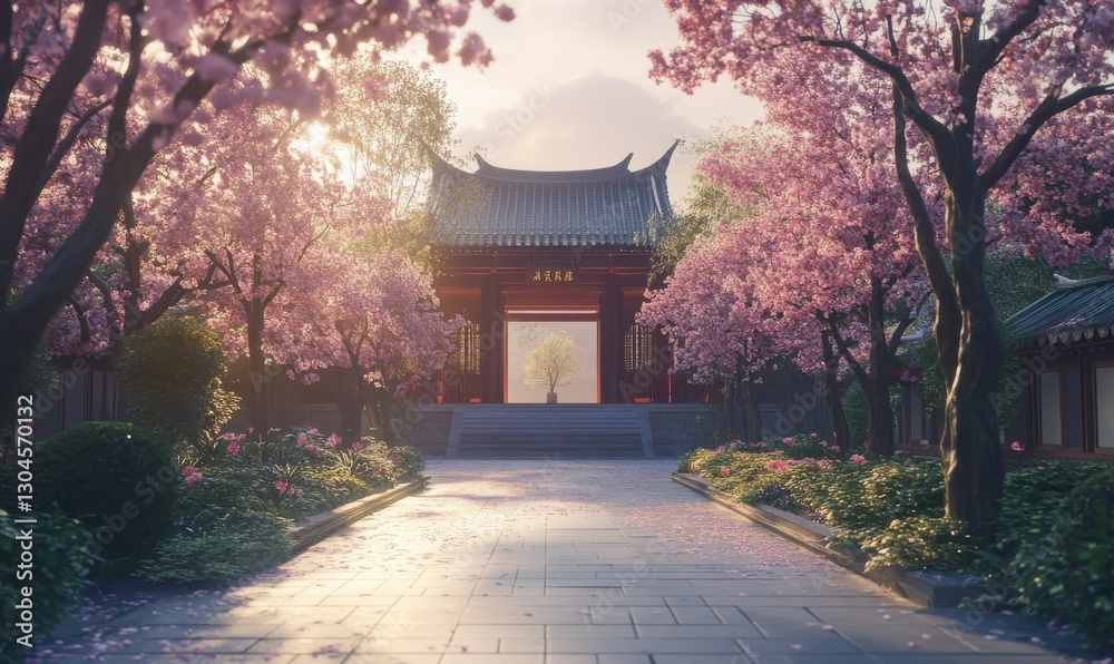 Obraz premium Scenic view of cherry blossoms framing a traditional Japanese temple, illuminated by soft morning light for a serene and cultural feel