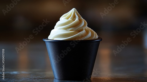 A sleek black ice cream cup, brimming with a creamy swirl of soft-serve ice cream, ready for a close-up shot, perfect for highlighting the delicious treat.