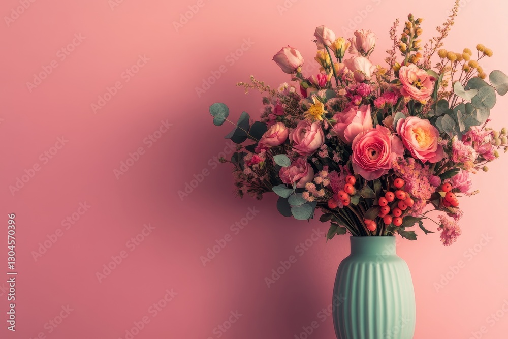 Fototapeta premium A delicate arrangement of flowers featuring pink and white blossoms, complemented by red hearts, is wrapped in gentle pink paper and tied with a white ribbon, all set against a soft pink backdrop