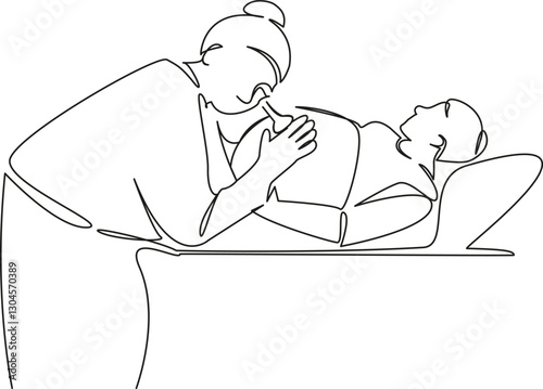 One continuous single drawing line art flat doodle pregnant, woman, belly, doctor, patient, stethoscope, listen, observation. Isolated image hand draw contour on a white background, hand drawn, not AI