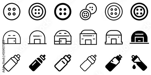 "Clothes Button, Bunker, and Sports Water Bottle Icon Set – Fashion, Shelter, and Hydration Vector Symbols"