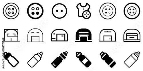 "Clothes Button, Bunker, and Sports Water Bottle Icon Set – Fashion, Shelter, and Hydration Vector Symbols"