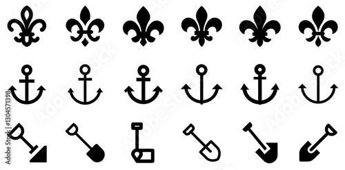 "Fleur de Lis, Anchor, and Shovel Icon Set – Heritage, Navigation, and Labor Vector Symbols"
