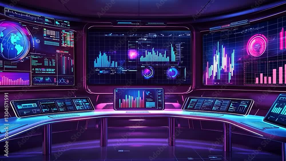 Futuristic data analysis room with colorful graphs and digital displays showcasing global statistics Futuristic data analysis room with colorful graphs and digital displays showcasing global statistics
