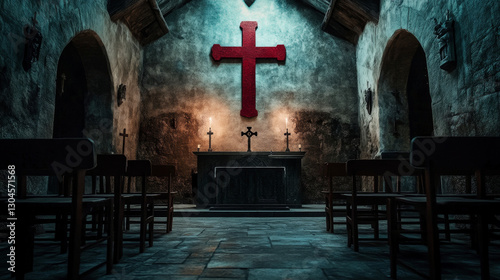 A medieval stone templar chapel interior with a red cross on the wall, an altar, and chairs in front of it, with dim lighting