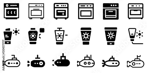 "Oven, Sunscreen, and Submarine Icon Set – Kitchen, Protection, and Adventure Vector Symbols"