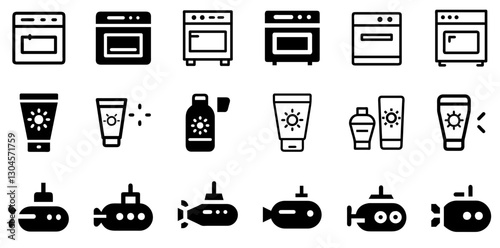 "Oven, Sunscreen, and Submarine Icon Set – Kitchen, Protection, and Adventure Vector Symbols"