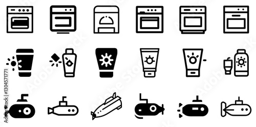 "Oven, Sunscreen, and Submarine Icon Set – Kitchen, Protection, and Adventure Vector Symbols"