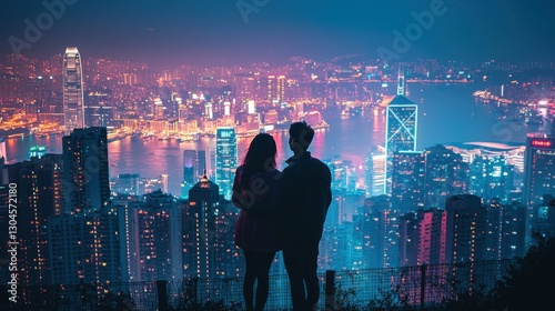 Silhouetted couple admiring vibrant cityscape at night, overlooking illuminated skyline, romantic urban exploration, city lights, love in the city concept photo