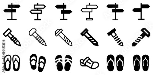 "Signpost, Screw, and Sandals Icon Set – Direction, Repair, and Comfort Vector Symbols"
